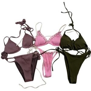 Lot of 3 Ribbed Bikini Sets Olive Green Mauve Pink Lace Up Grommet Swimwear S XS